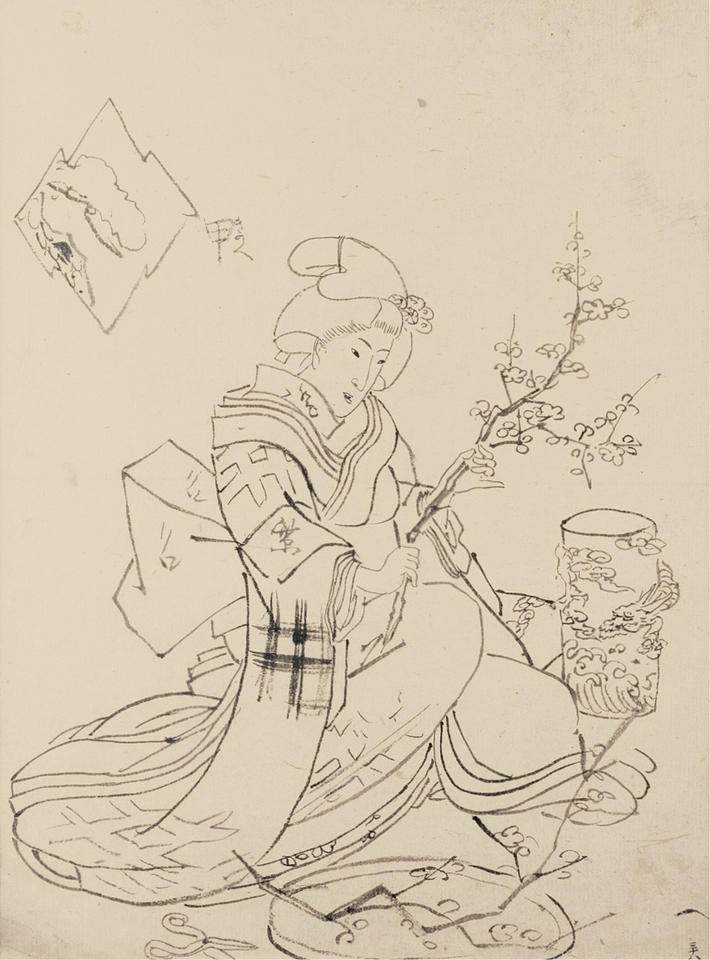 Preparatory drawing for the print of a woman arranging flowers