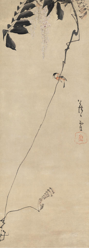 Bird on Wisteria Branch