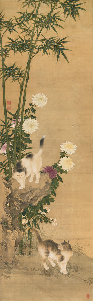 Cats by Bamboo and Chrysanthemums
