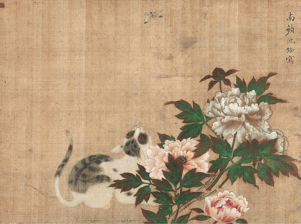 Cat and Butterfly among Peonies