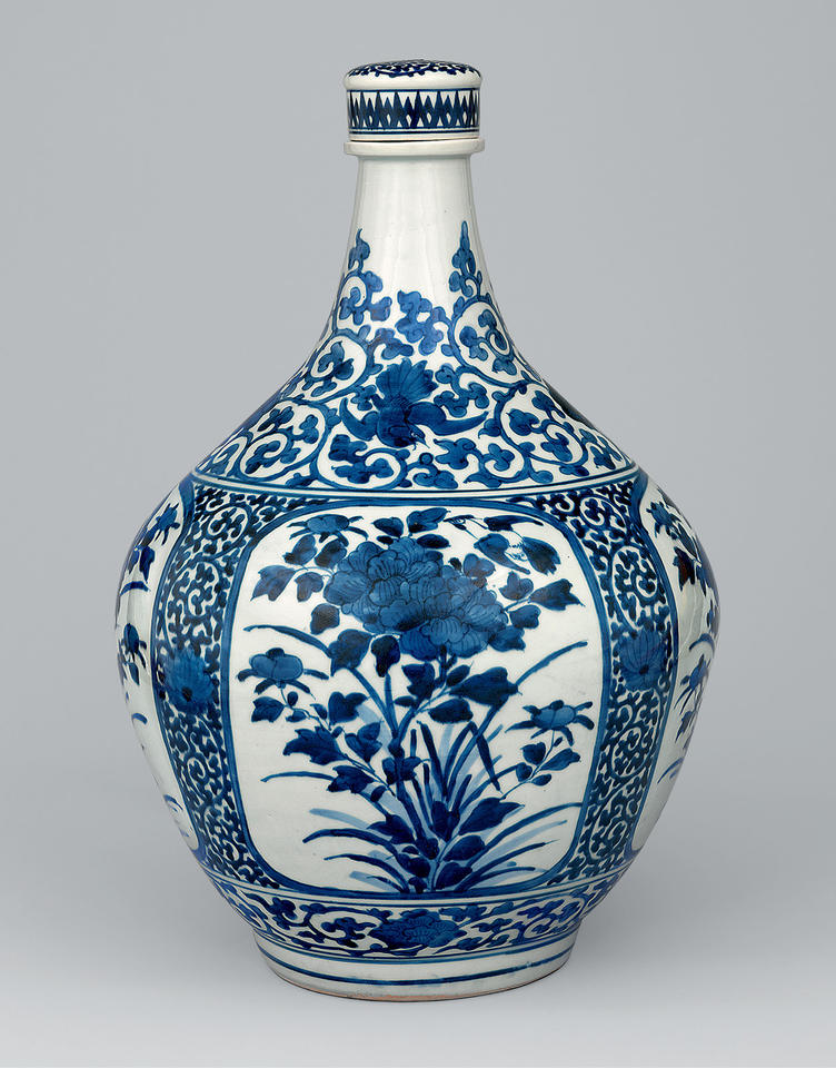 Apothecary bottle with mynah birds and peonies