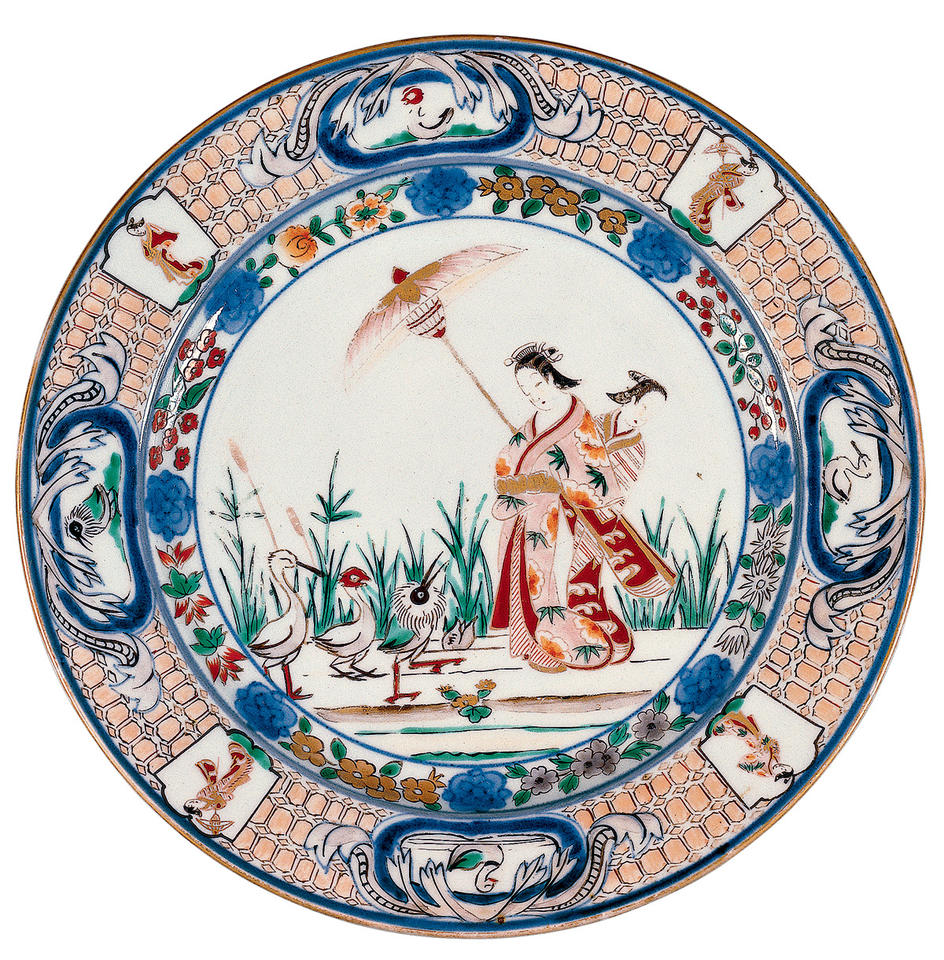 Plate with Pronk design of courtesan and attendant with umbrella