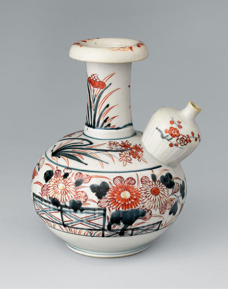 Wine pitcher with peonies, chrysanthemums, and other floral motifs