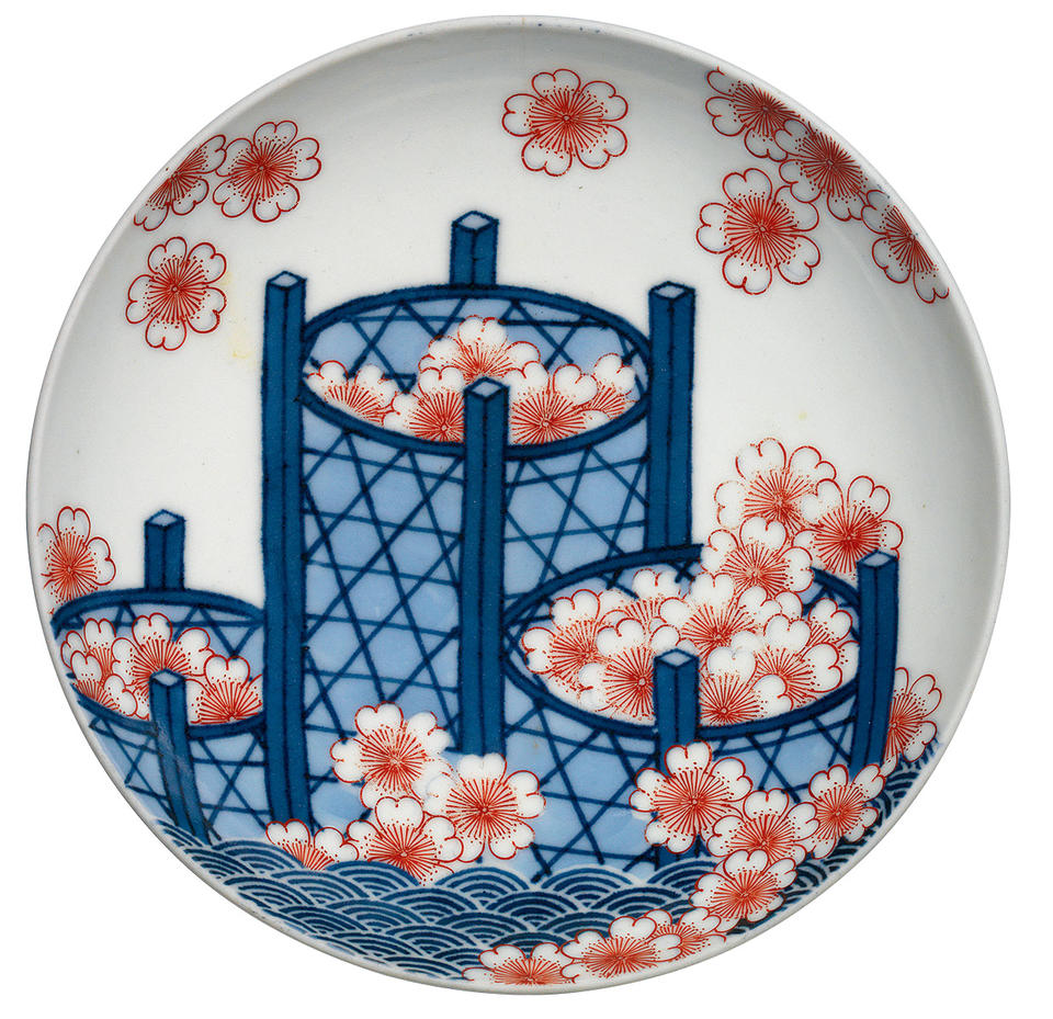 Plate with baskets and cherry blossoms