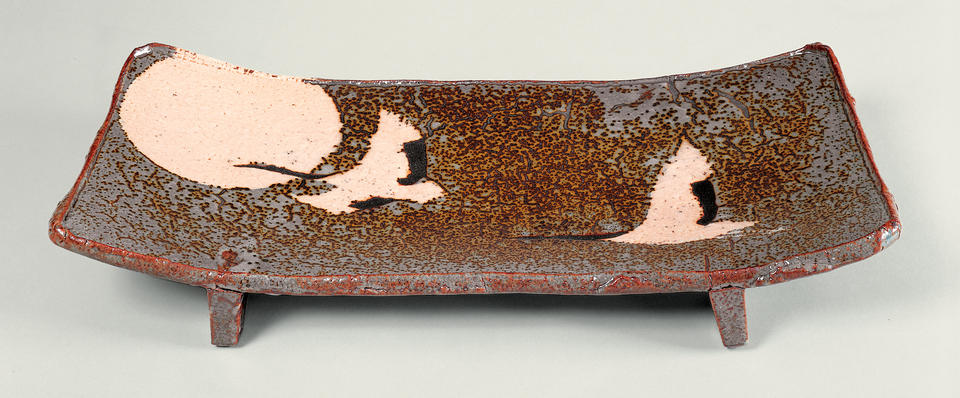 Chopping board (manaita, まな板) with cranes and sun