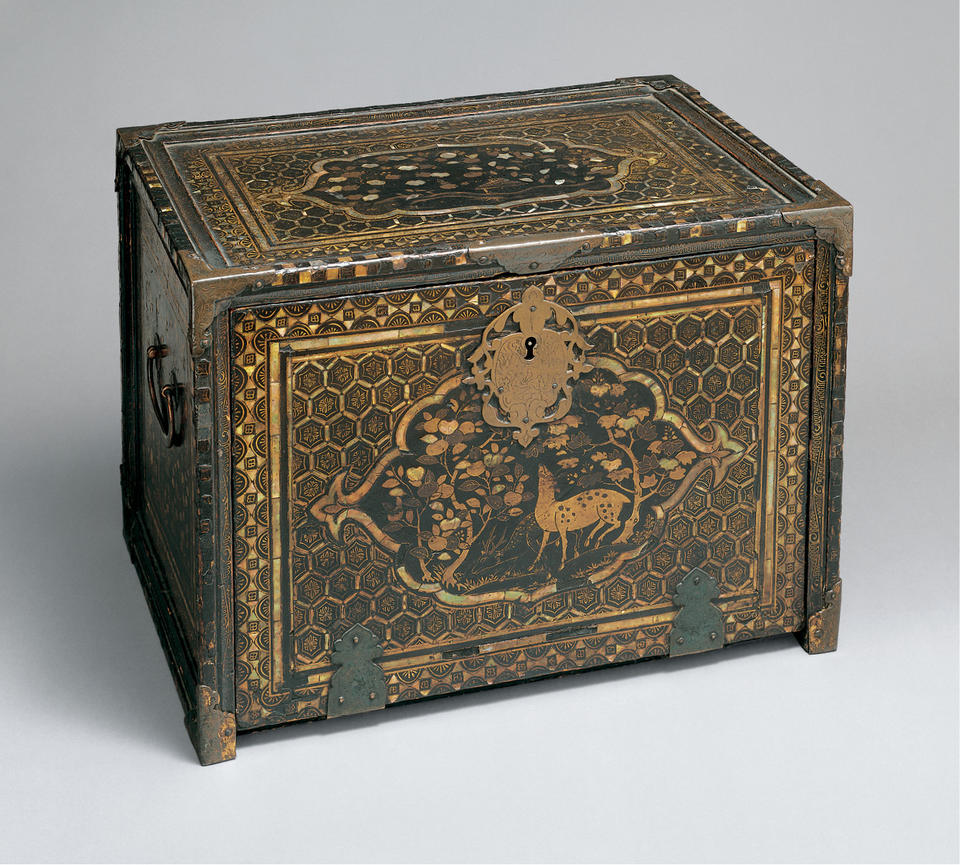 Nanban (南蛮) cabinet with geometric patterns and deer, birds, fish, plants, and cart wheels partially submerged in water