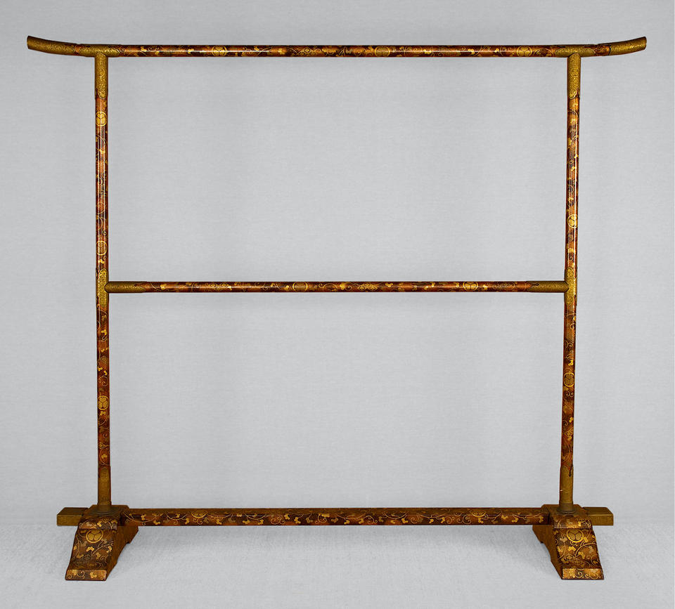 Kimono stand (ikō, 衣桁) with scrolling foliage and hollyhock crests