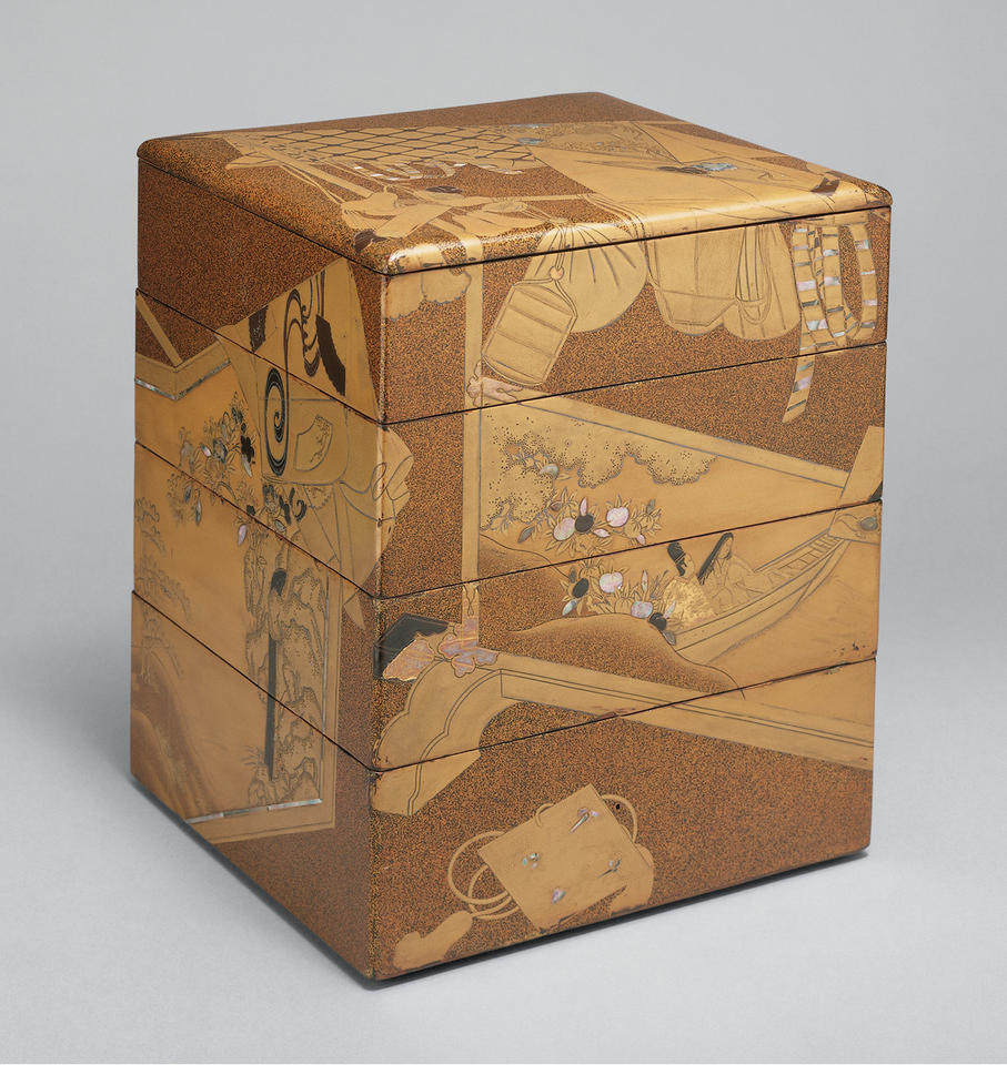 Stacked food boxes (jūbako, 重箱) with “Whose Sleeves?” (Tagasode, 誰袖)