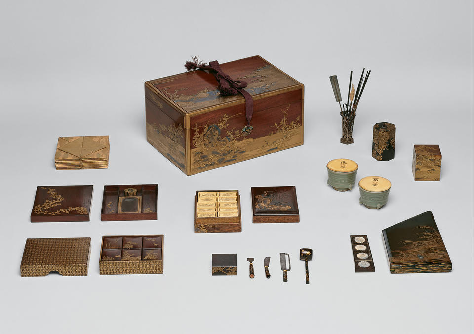Box and assorted implements for the incense game