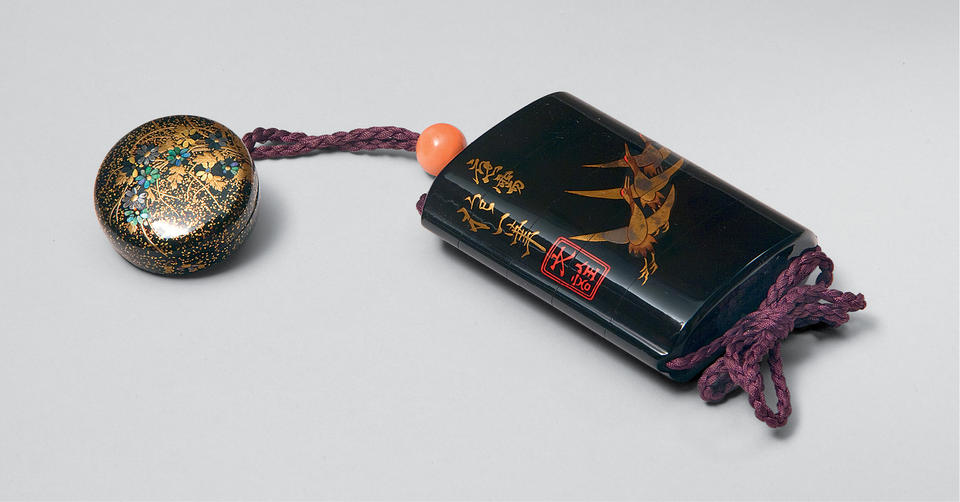 Medicine case (inrō, 印籠) with cranes and waves