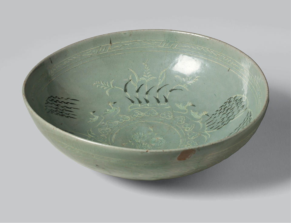 Bowl with waterfowl, willows, and reeds